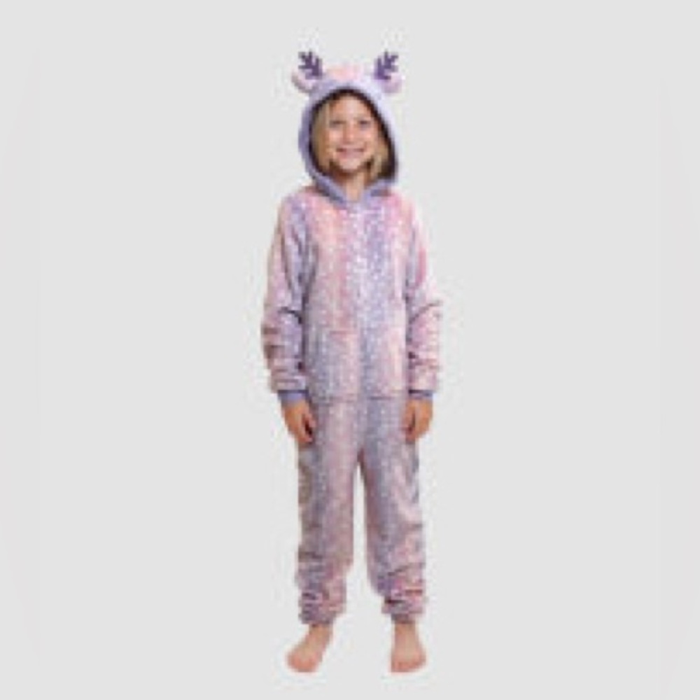 Cozy Kids Plush Hooded Deer Onesie Pajama - Pink & Purple